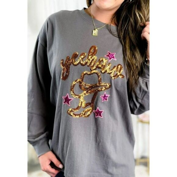 Fantastic Fawn Tops - Fantastic Fawn Charcoal Yeehaw Star Sequin Patch Knit Western Top IFKT51844-04